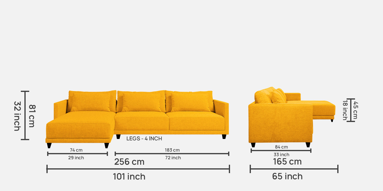 Kera Fabric RHS Sectional Sofa (3+Lounger) In Bold Yellow Colour