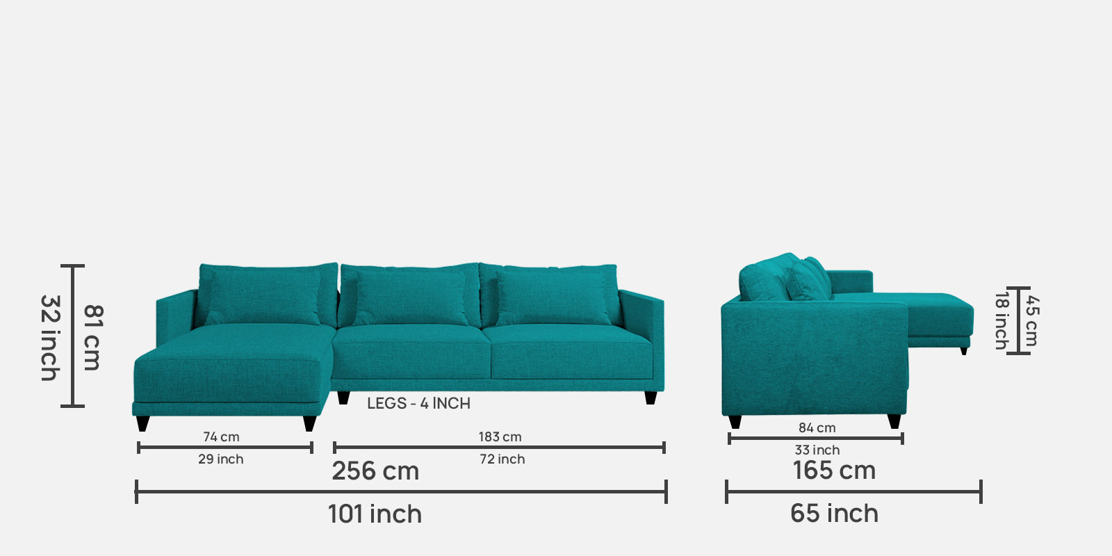 Kera Fabric RHS Sectional Sofa (3+Lounger) In Sea green Colour