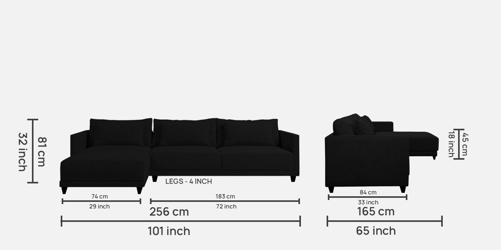 Kera Fabric RHS Sectional Sofa (3+Lounger) In Zed Black Colour