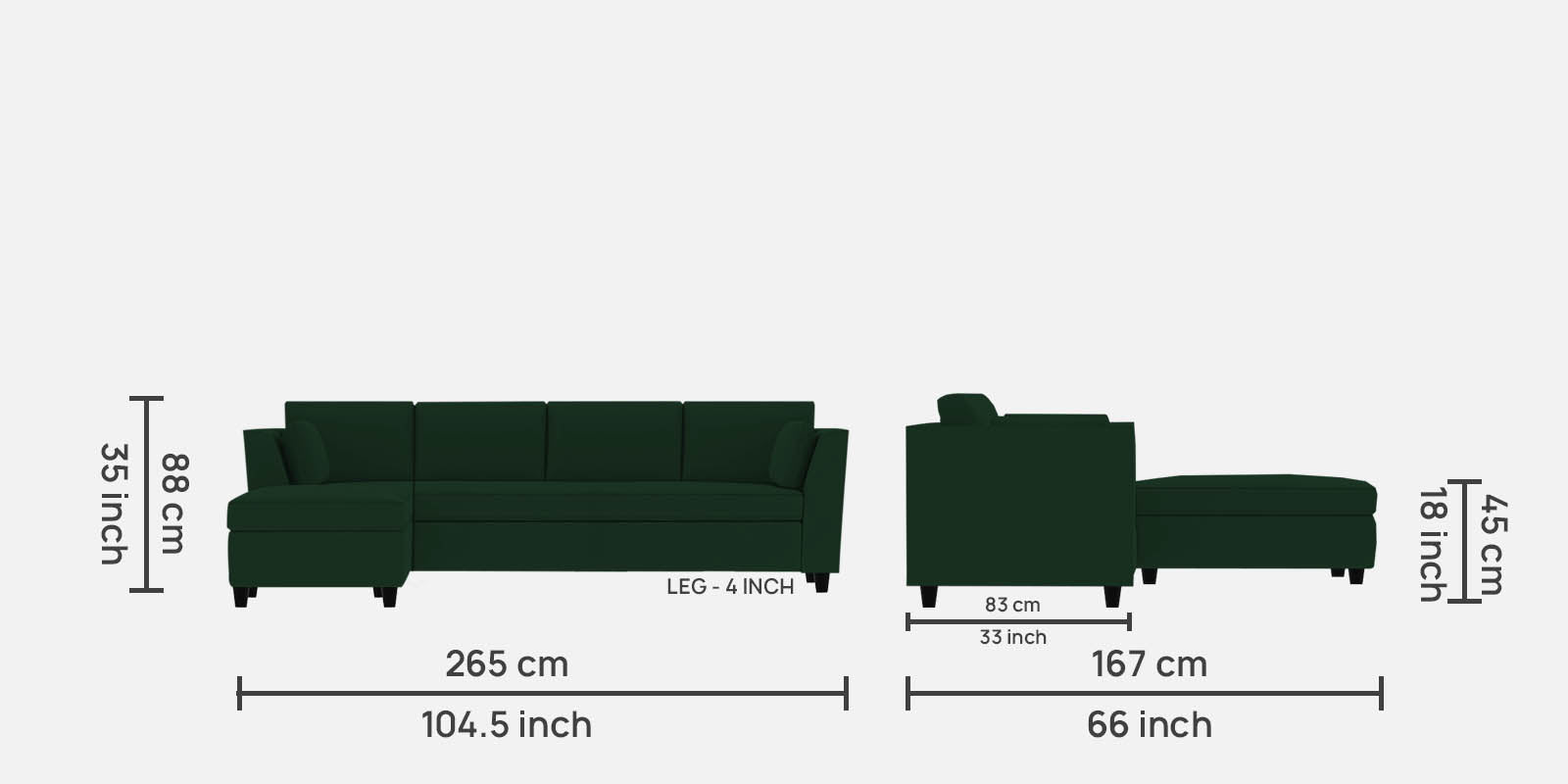 Bristo Velvet LHS Sectional Sofa 4 Seater + Ottoman  in Forest Green Colour