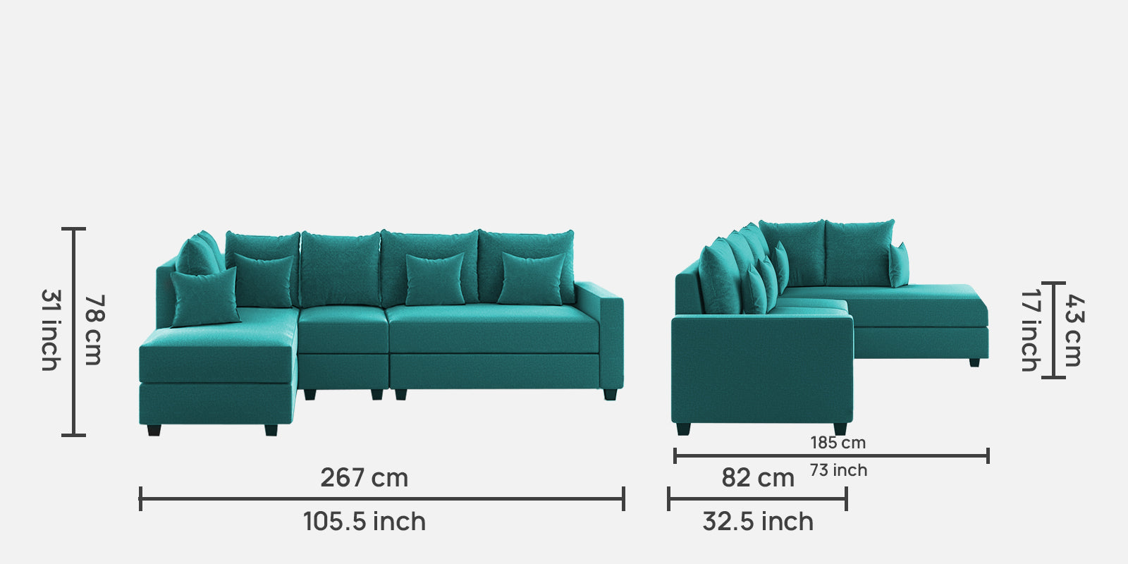 Ginny Fabric RHS Sectional Sofa (3+Lounger) Sea Green Colour