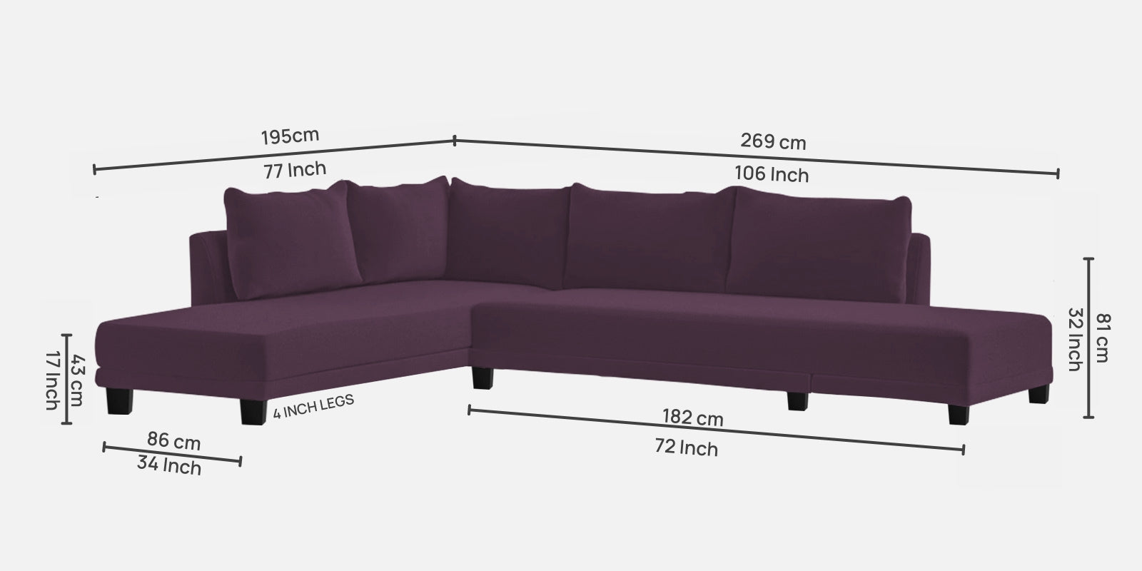 Ira Fabric RHS 6 Seater Sofa Cum Bed In Greek Purple Colour