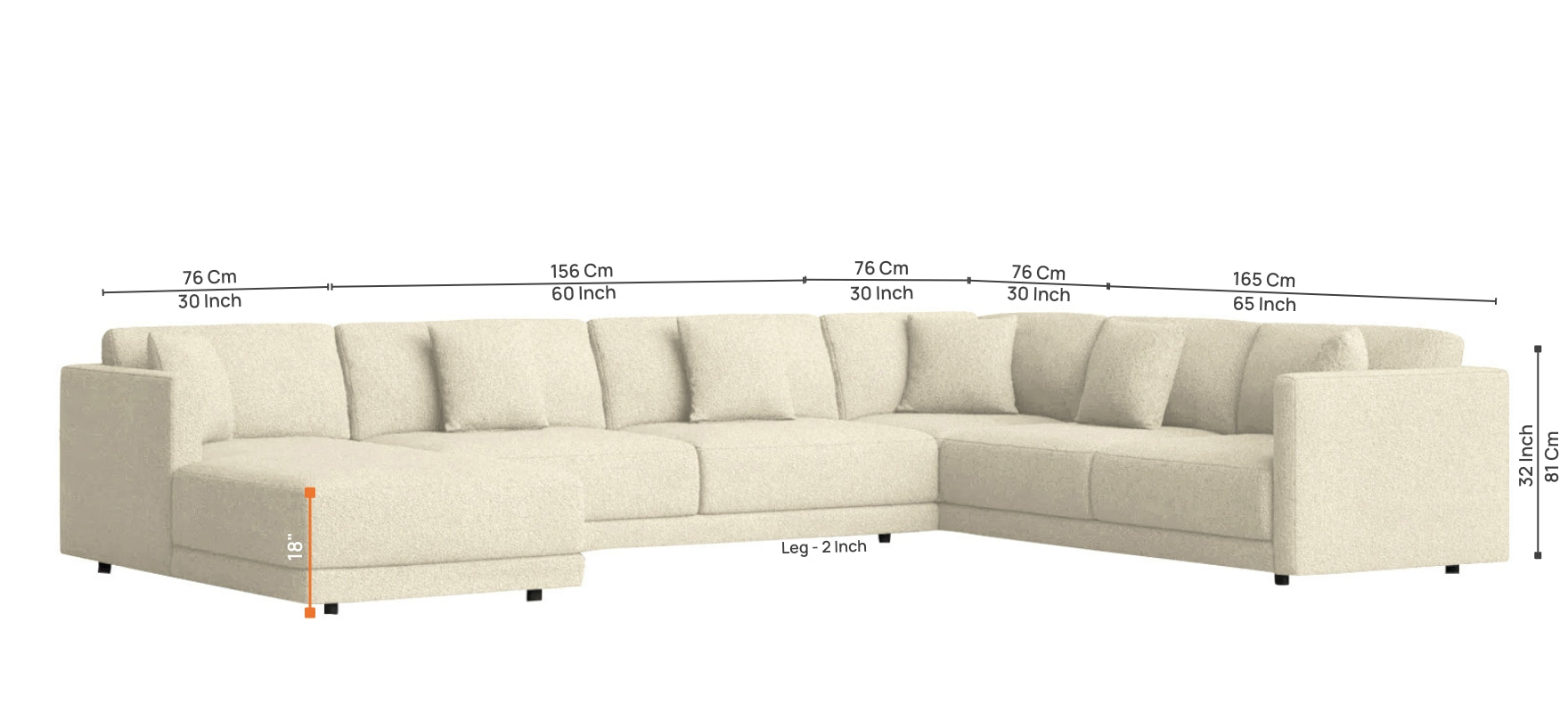 Carlin Fabric RHS 8 Seater Sectional Sofa In Ivory Beige Colour