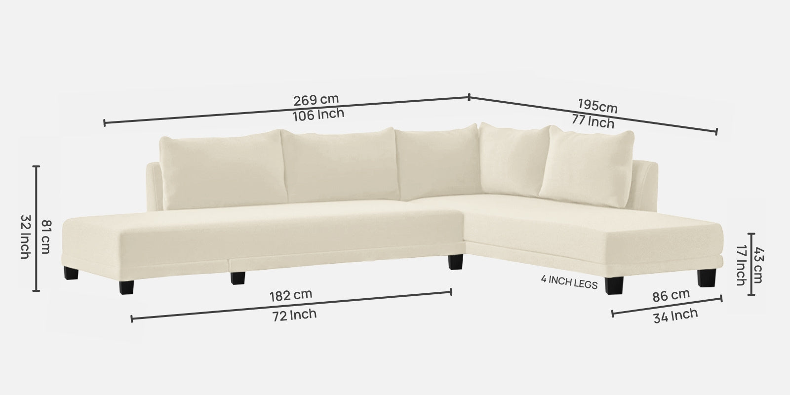 Ira Fabric LHS 6 Seater Sofa Cum Bed In Ivory Cream Colour