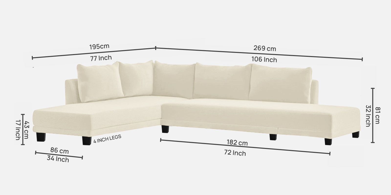 Ira Fabric RHS 6 Seater Sofa Cum Bed In Ivory Cream Colour