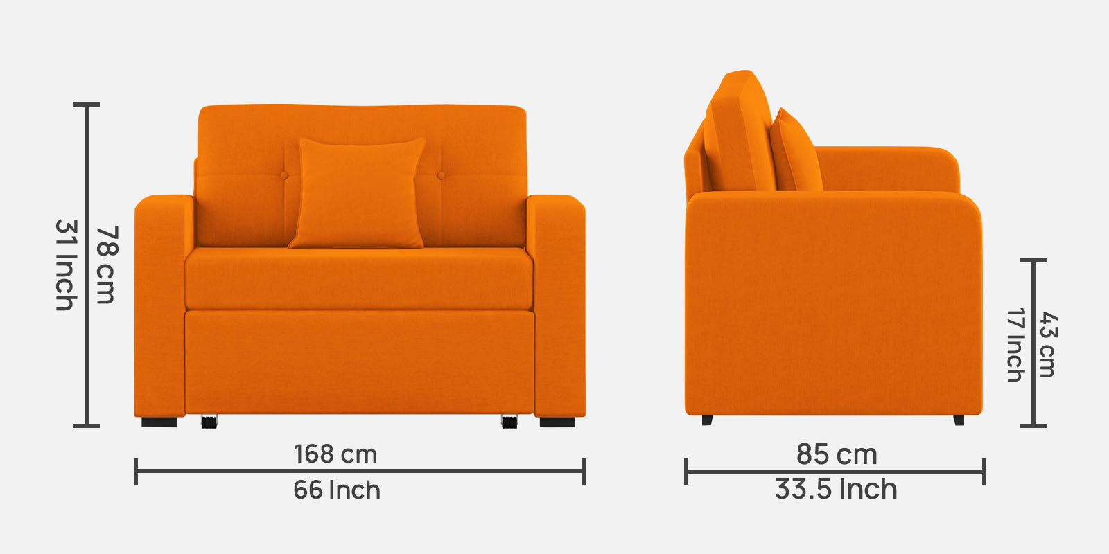 Rocky Fabric 2 Seater Pull Out Sofa Cum Bed In Vivid Orange Colour With Storage