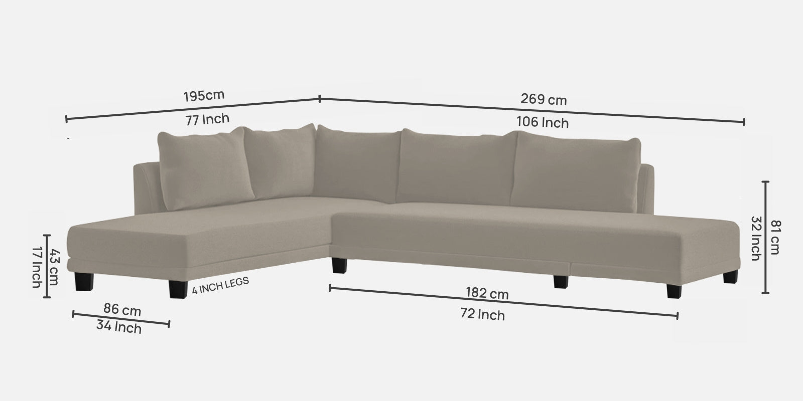 Ira Fabric RHS 6 Seater Sofa Cum Bed In Ash Grey Colour