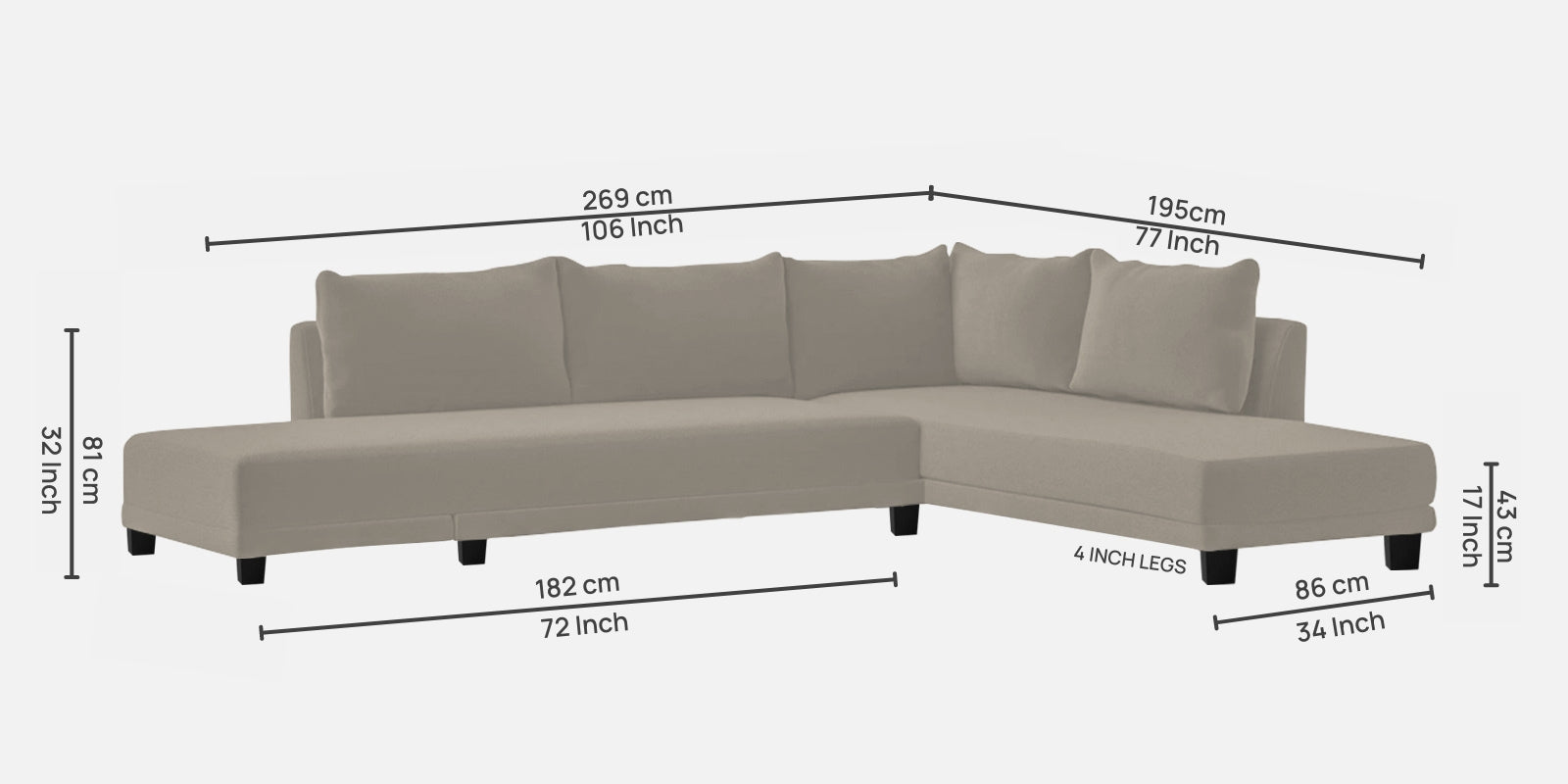 Ira Fabric LHS 6 Seater Sofa Cum Bed In Ash Grey Colour