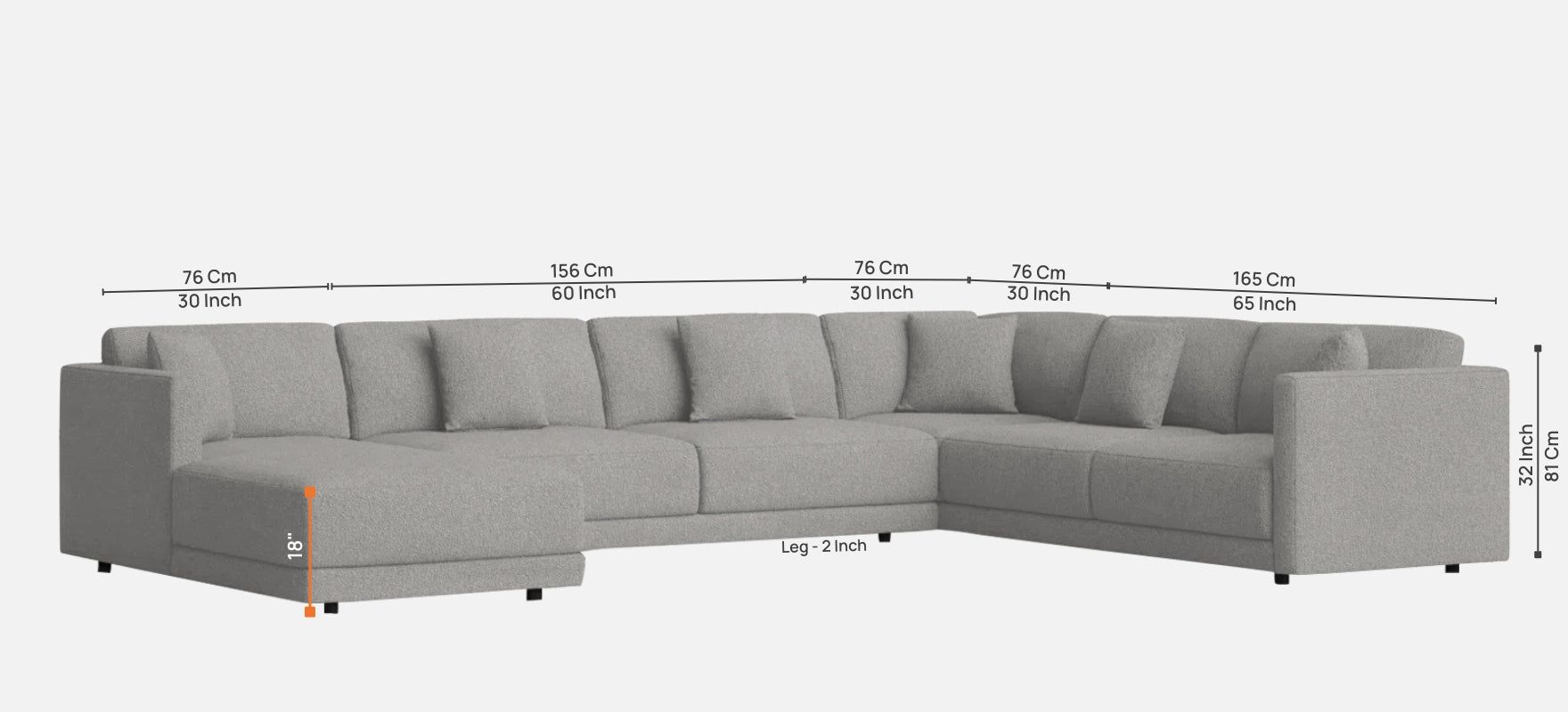 Carlin Fabric RHS 8 Seater Sectional Sofa In Lit Grey Colour