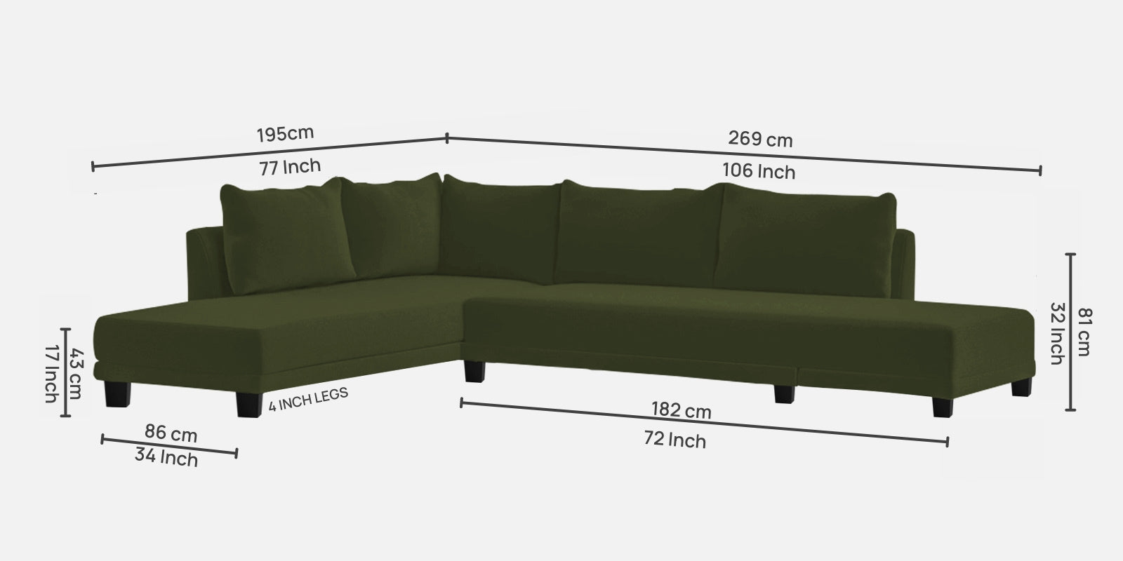 Ira Fabric RHS 6 Seater Sofa Cum Bed In Olive Green Colour