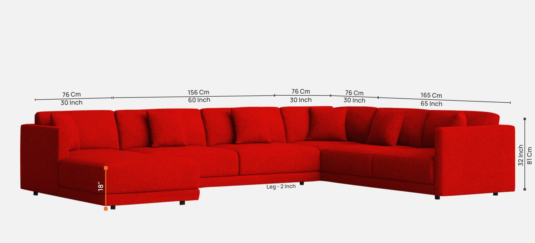 Carlin Fabric RHS 8 Seater Sectional Sofa In Ruby Red Colour