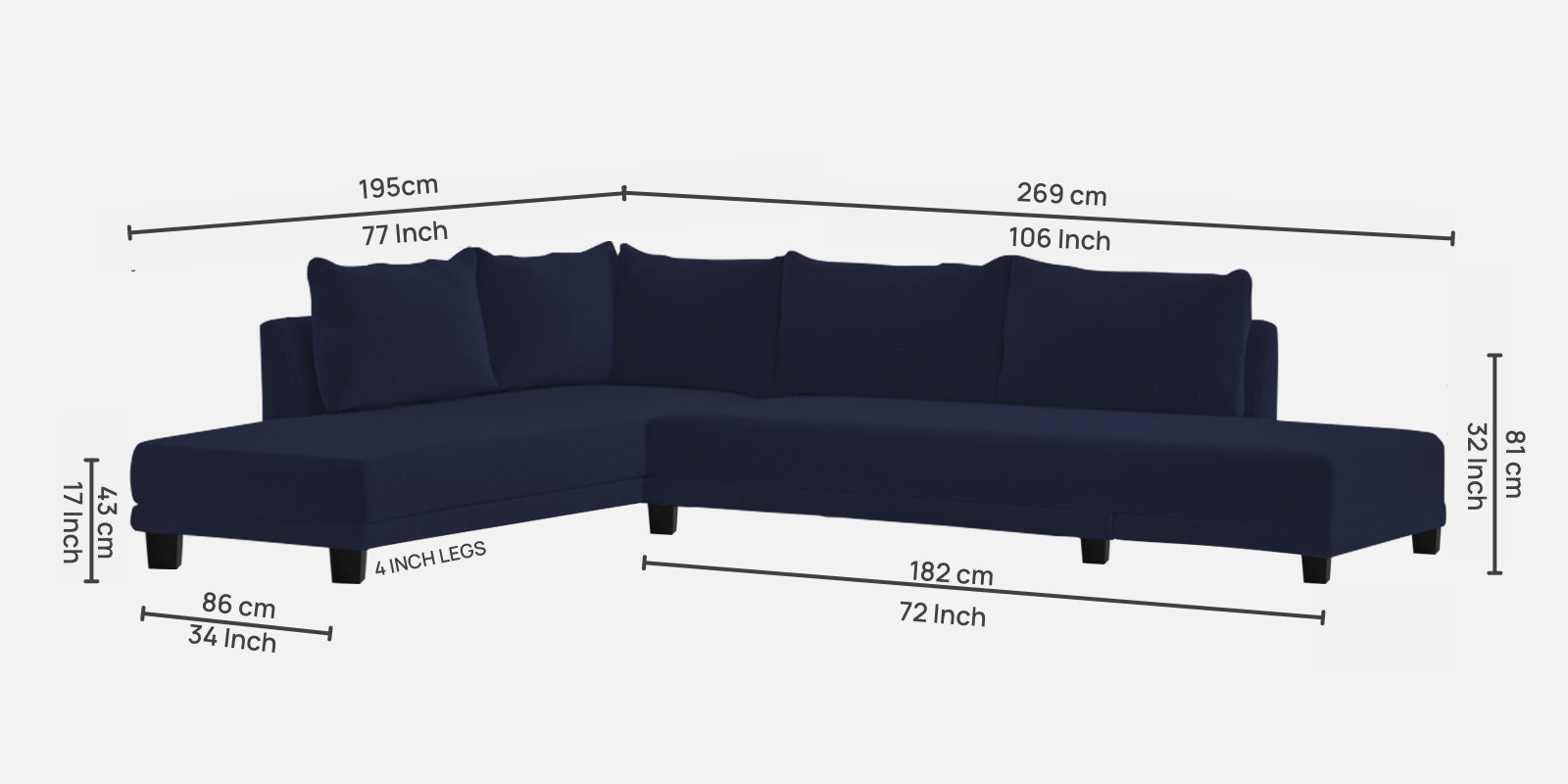 Ira Fabric RHS 6 Seater Sofa Cum Bed In Royal Blue Colour