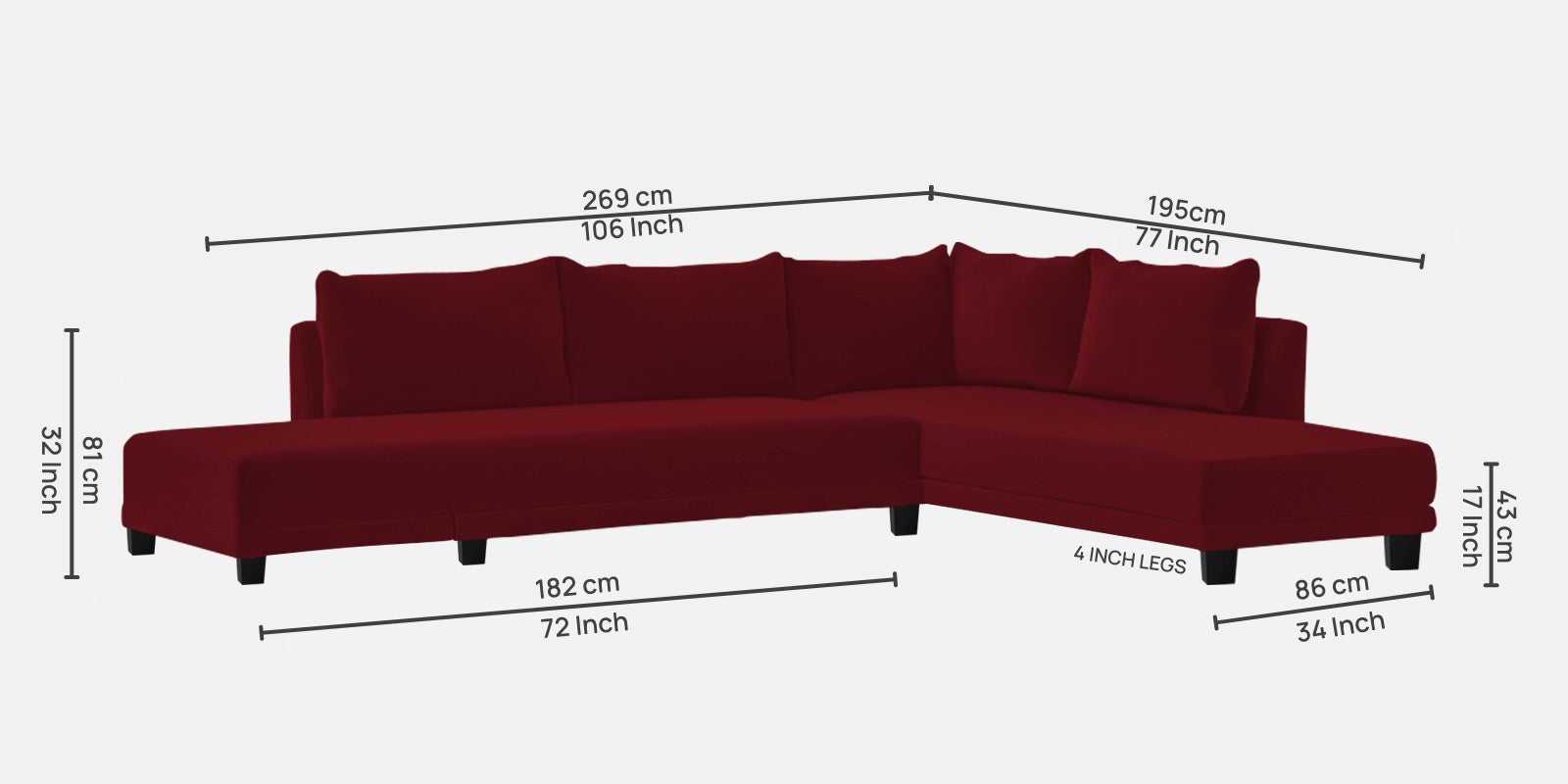 Ira Fabric LHS 6 Seater Sofa Cum Bed In Ruby Red Colour