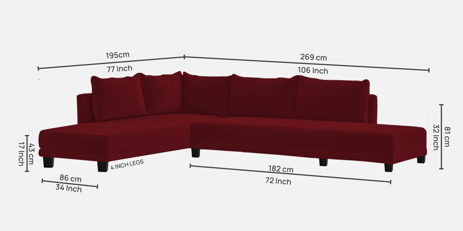 Ira Fabric RHS 6 Seater Sofa Cum Bed In Ruby Red Colour