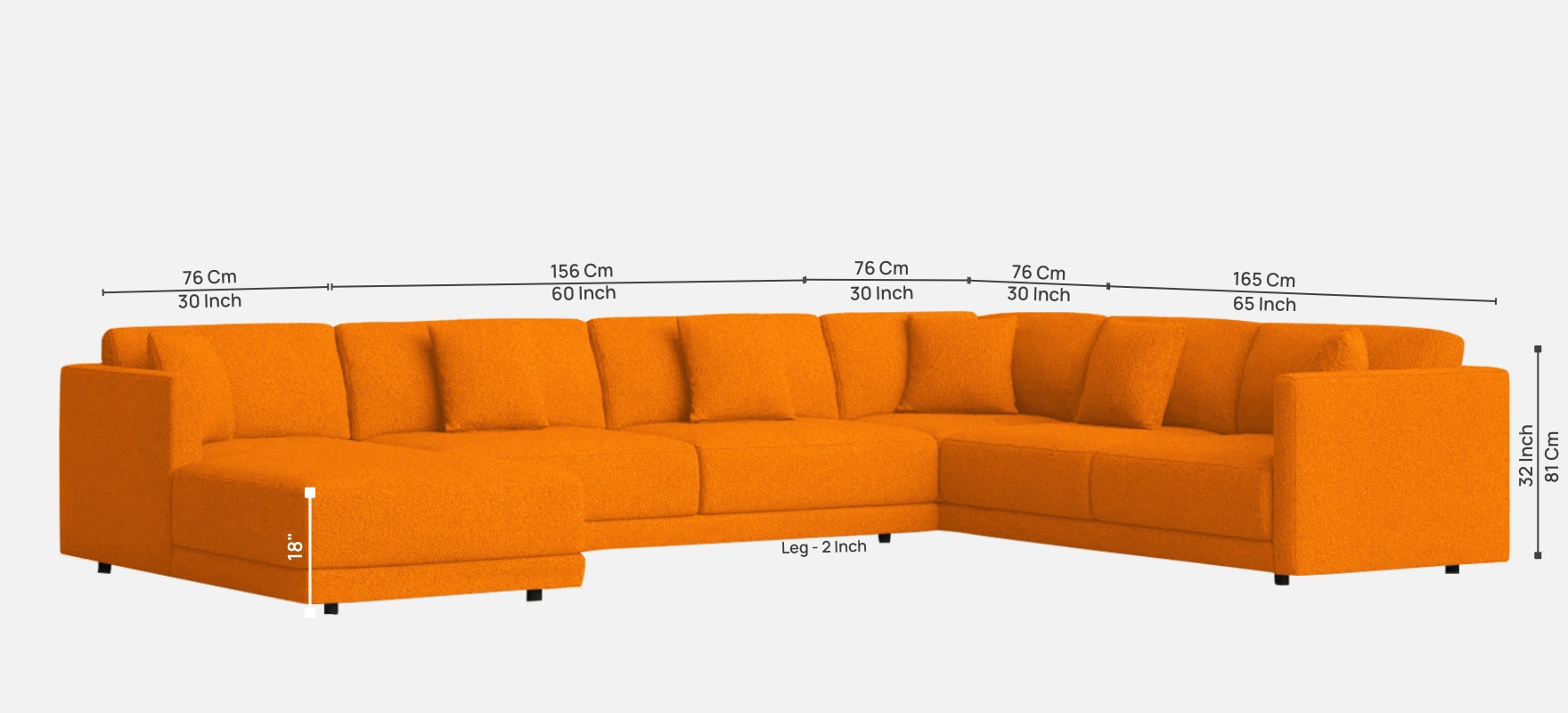 Carlin Fabric RHS 8 Seater Sectional Sofa In Vivid Orange Colour