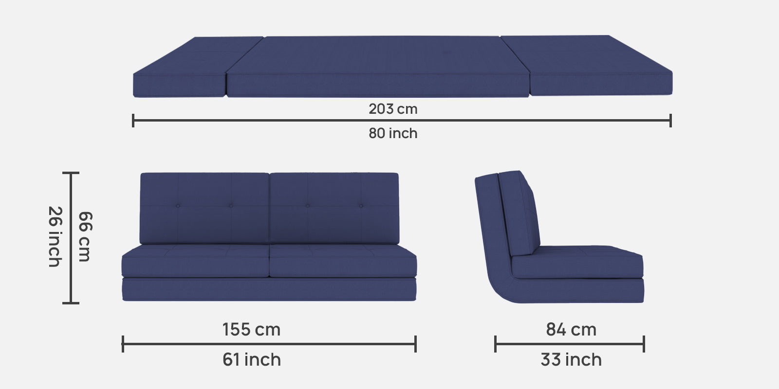 Cora Fabric 2 Seater Futon Sofa Cum Bed in Denim Blue Colour