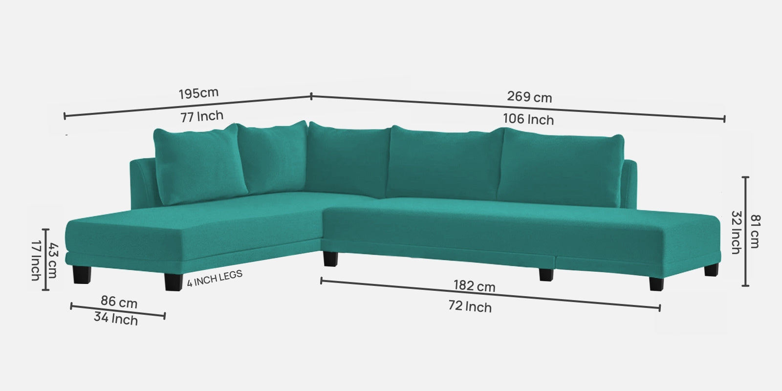 Ira Fabric RHS 6 Seater Sofa Cum Bed In Sea Green Colour