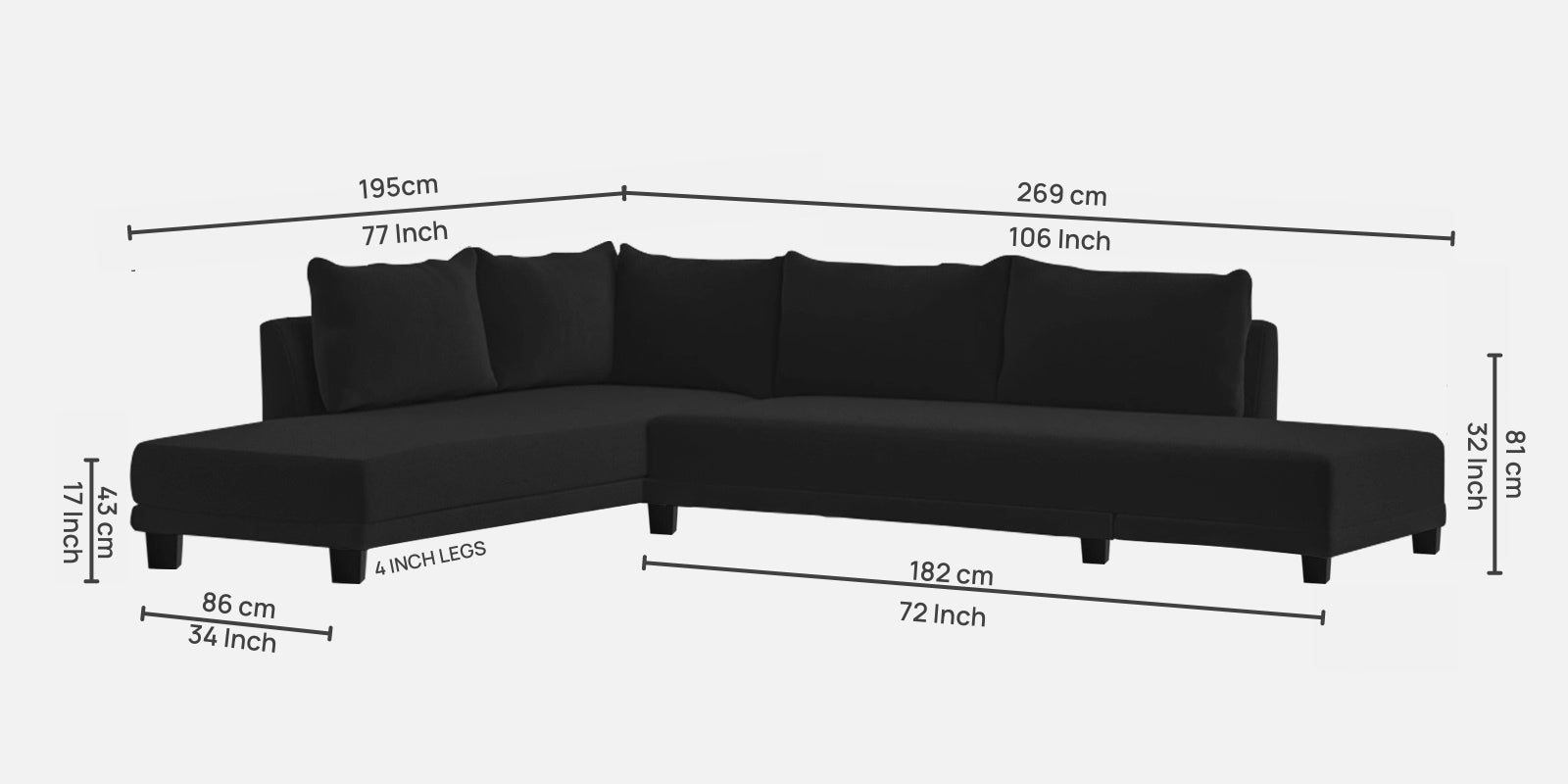 Ira Fabric RHS 6 Seater Sofa Cum Bed In Zed Black Colour