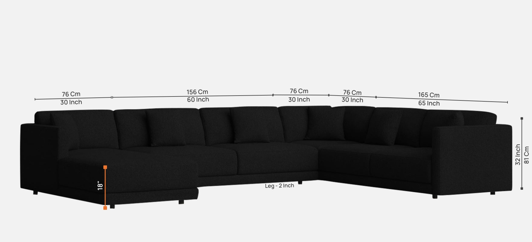 Carlin Fabric RHS 8 Seater Sectional Sofa In Zed Black Colour