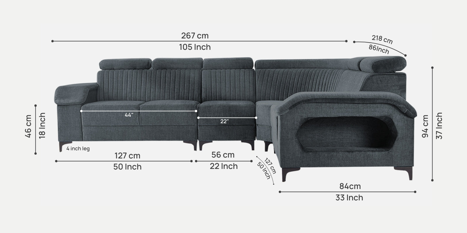 Draco Fabric Corner Sofa in Duby Grey Colour