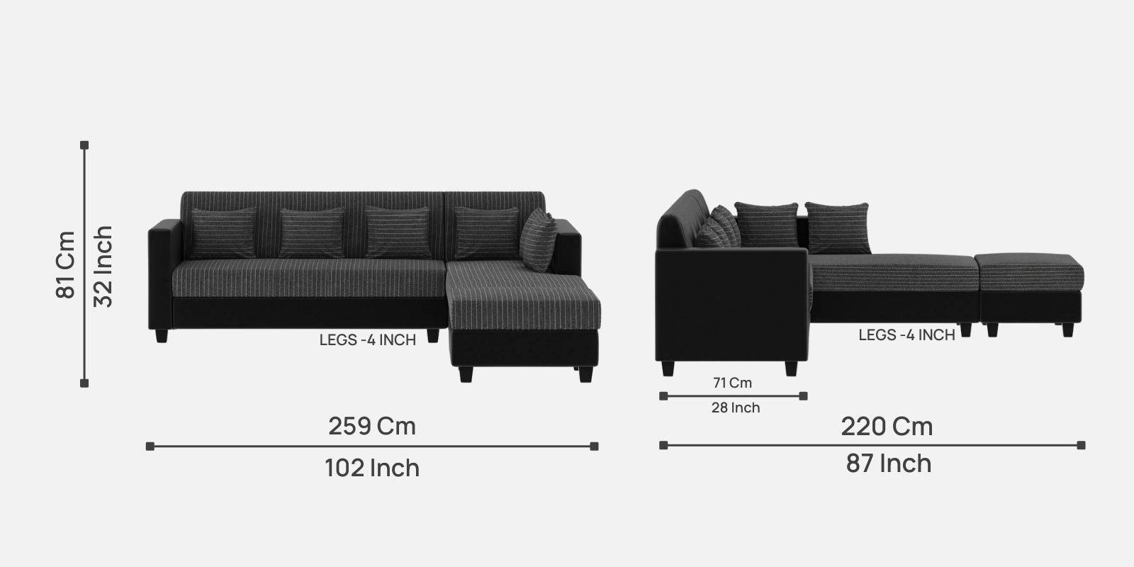 Baley Fabric LHS Sectional Sofa (3 + Lounger) In Lama Black Colour