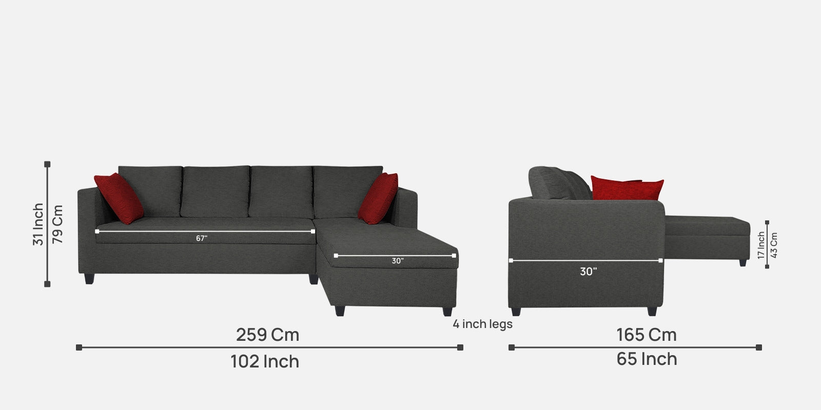 Nebula Fabric LHS Sectional Sofa (3+Lounger) in Charcoal Grey Colour