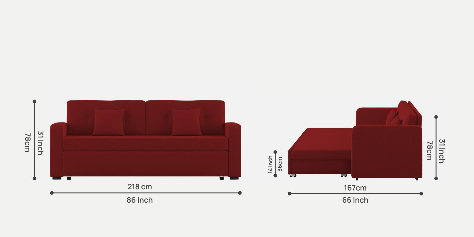 Rocky Fabric 3 Seater Pull Out Sofa Cum Bed In Blood Maroon Colour With Storage