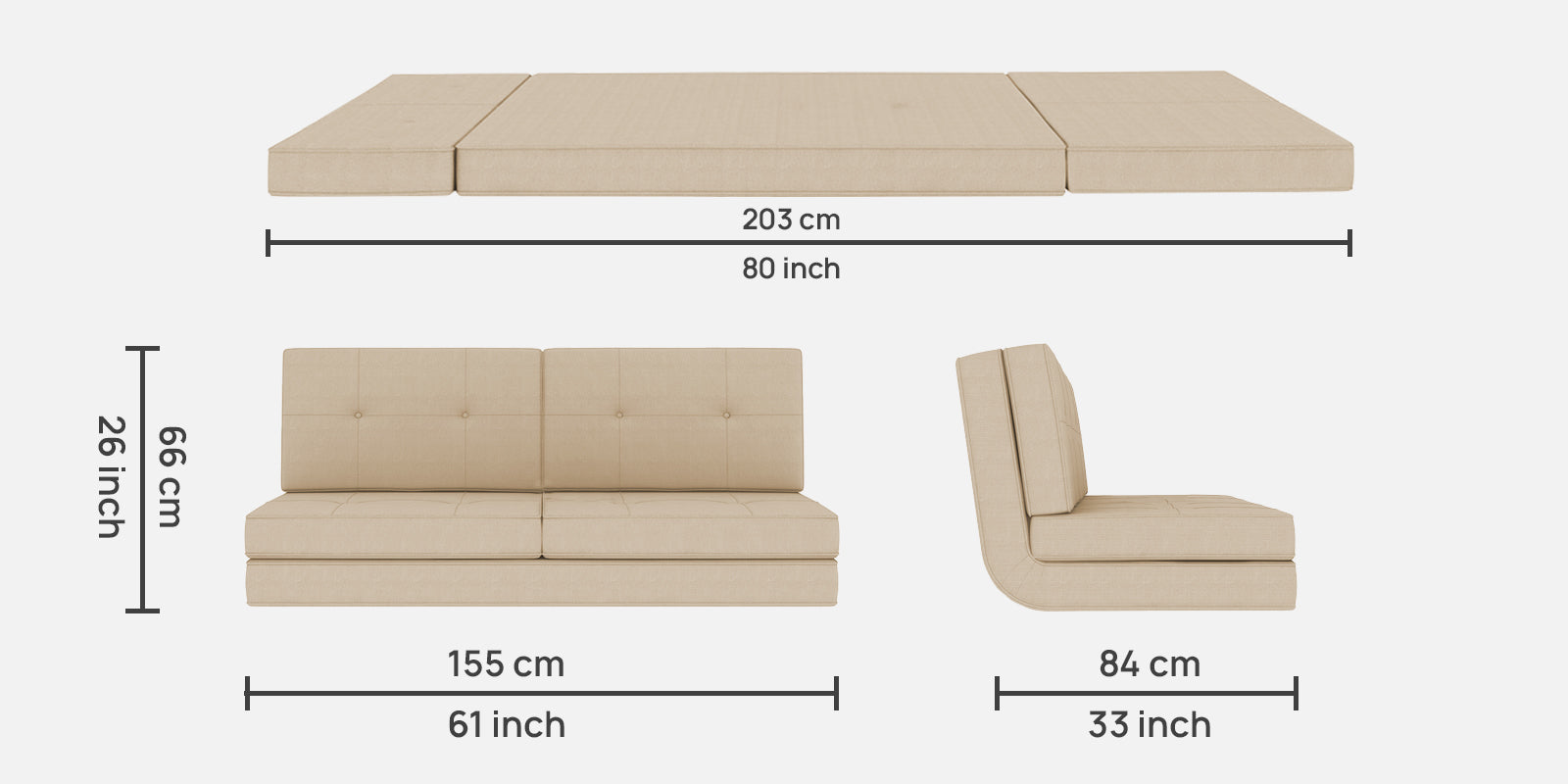 Cora Fabric 2 Seater Futon Sofa Cum Bed in Woom Beige Colour