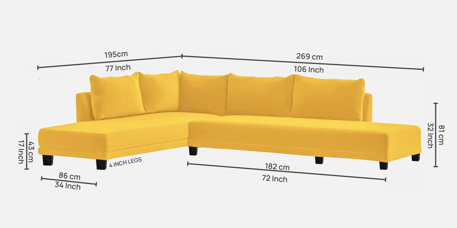 Ira Fabric RHS 6 Seater Sofa Cum Bed In Bold Yellow Colour