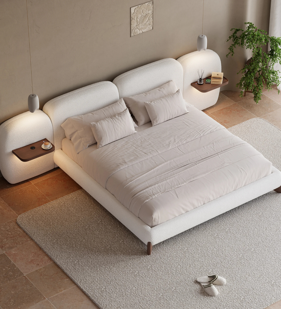 Waru Boucle Upholstered King Size Bed In Shell White Colour - Febonic Living