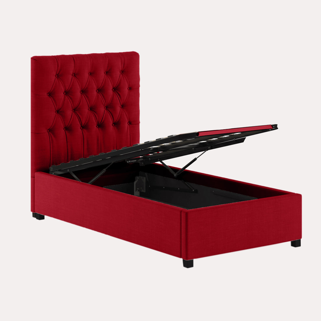 Isko Fabric Upholstered Single Bed in Ruby Red Colour with Box Storage