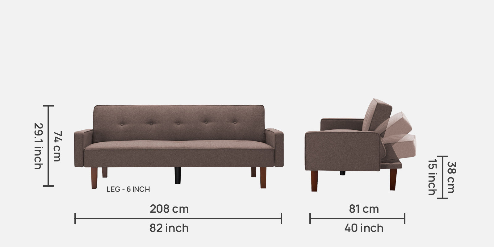 Nebia Fabric 3 Seater Convertable Sofa Cum Bed in Caspa Brown Colour