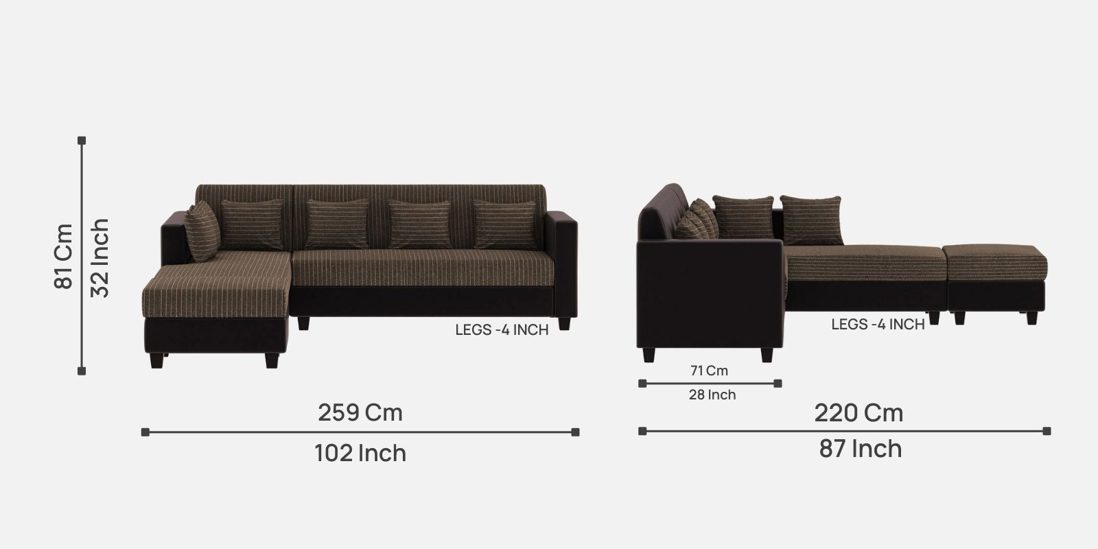 Baley Fabric RHS Sectional Sofa (3 + Lounger) In Lama Brown Colour