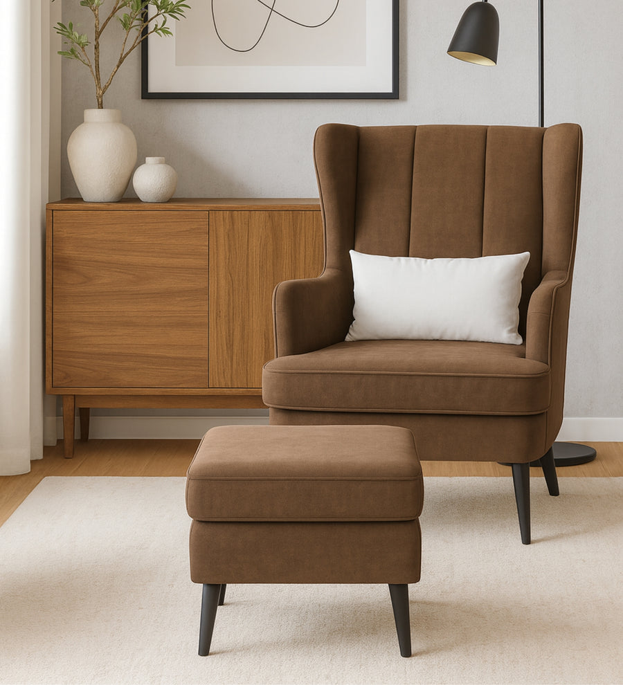 Niya Velvet Wing Chair In Mocha Mouse Colour With Ottoman - Febonic Living
