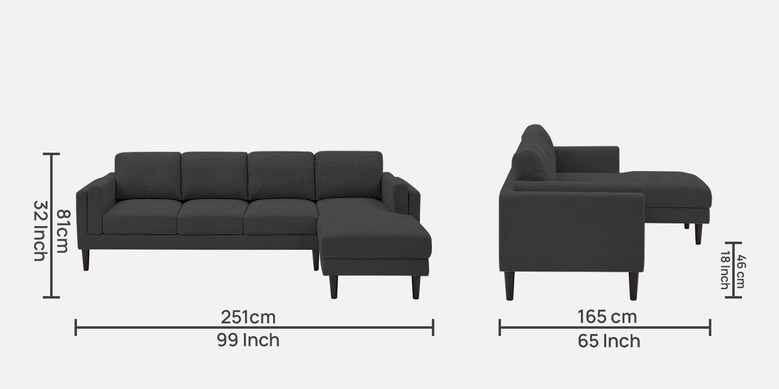 Creata Fabric LHS Sectional Sofa (3+Lounger) Charcoal Grey Colour by Febonic