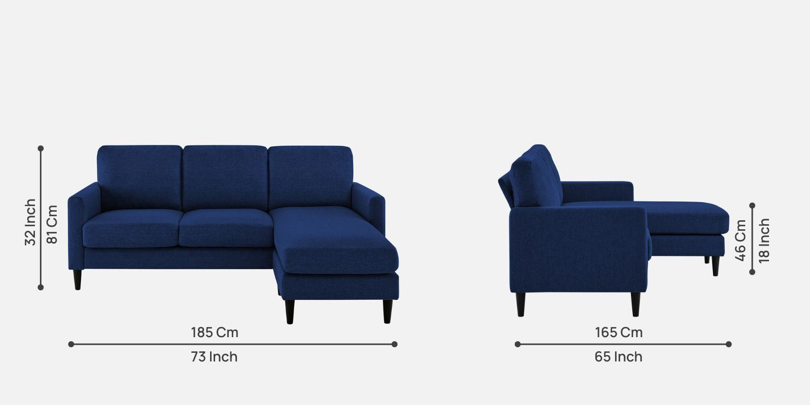 Romie Fabric LHS Sectional Sofa (2+Lounger) in Royal Blue Colour