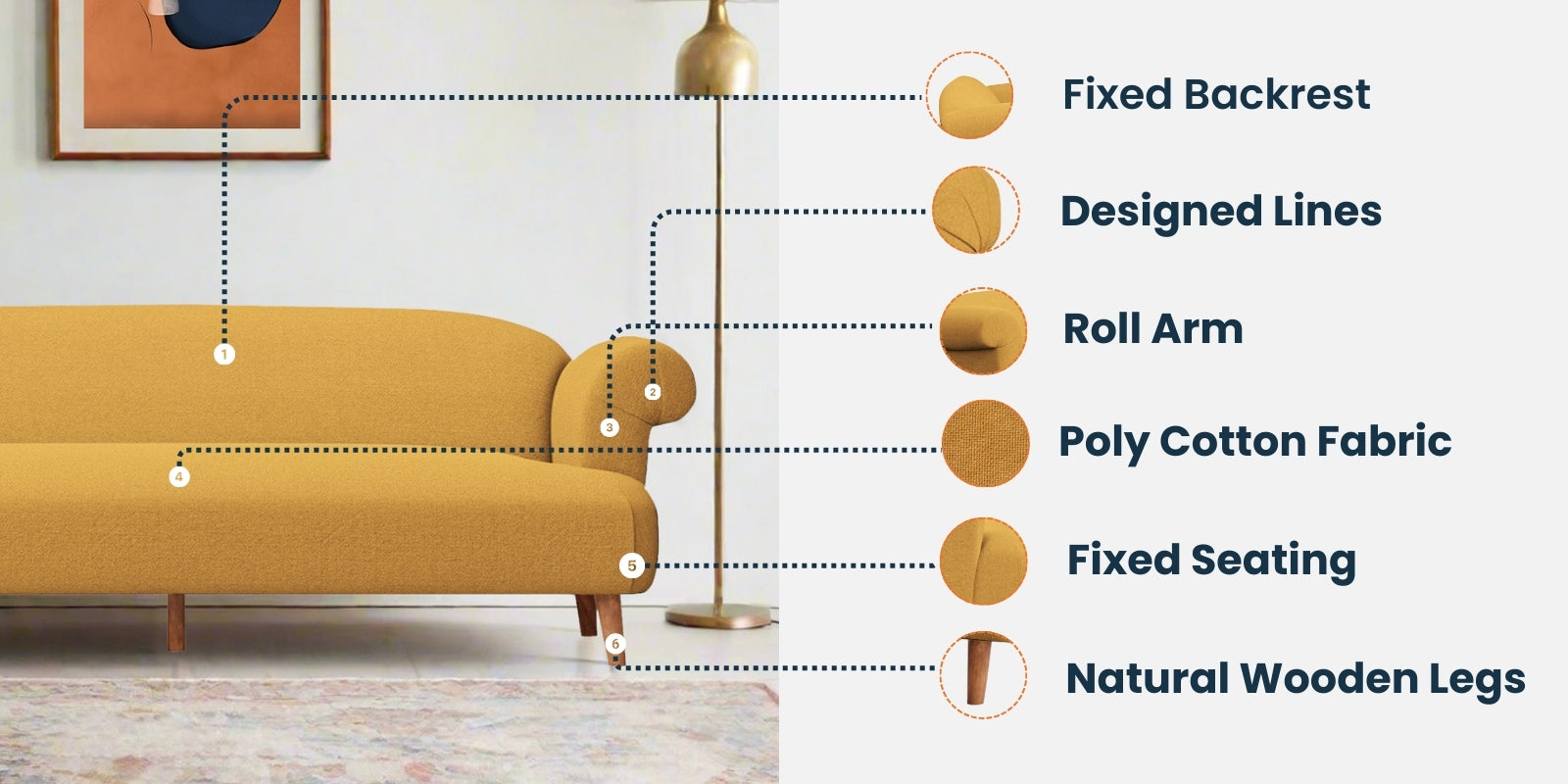 Barber Fabric 3 Seater Sofa in Corn Yellow Colour