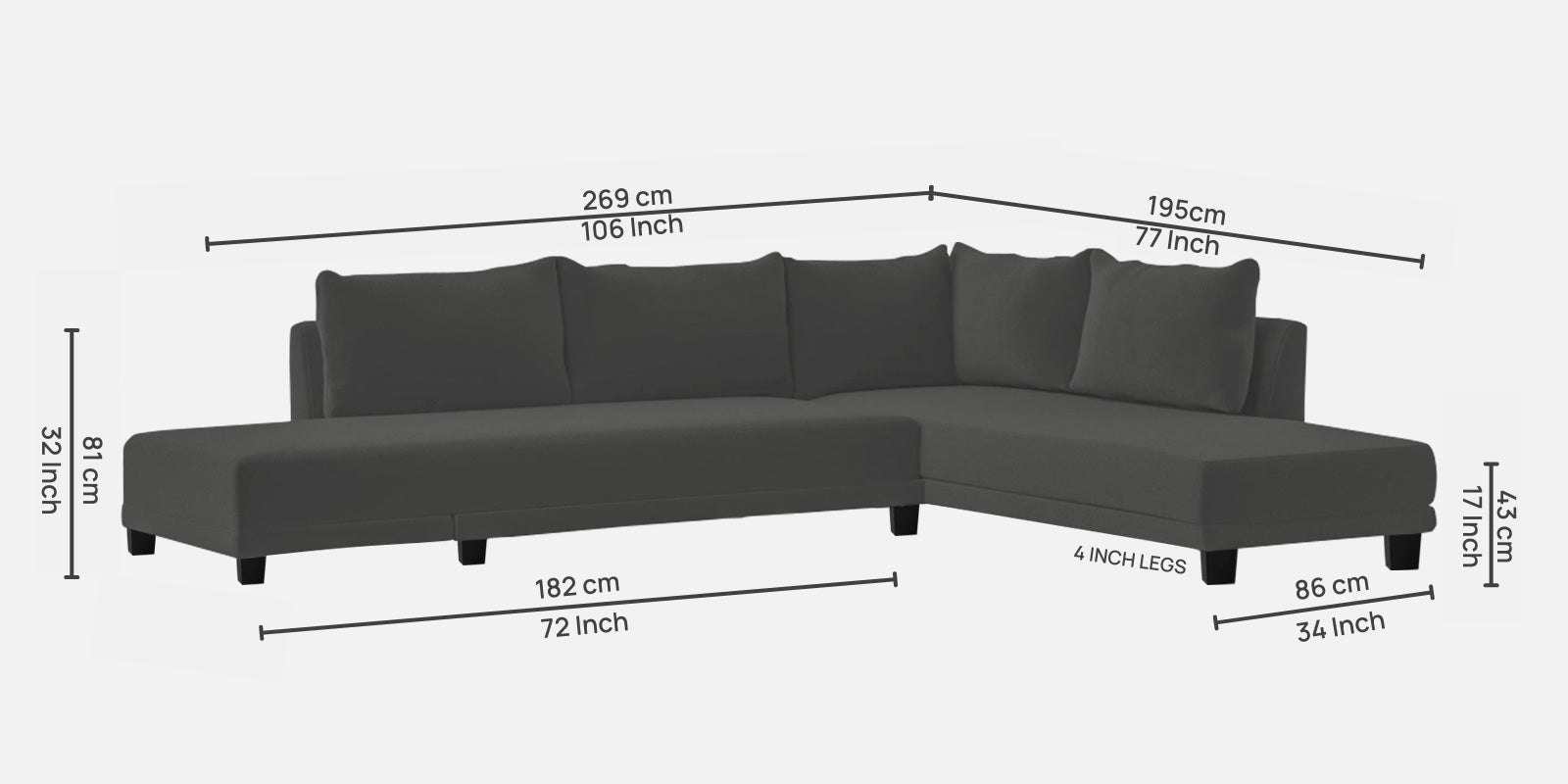 Ira Fabric LHS 6 Seater Sofa Cum Bed In Charcoal Grey Colour