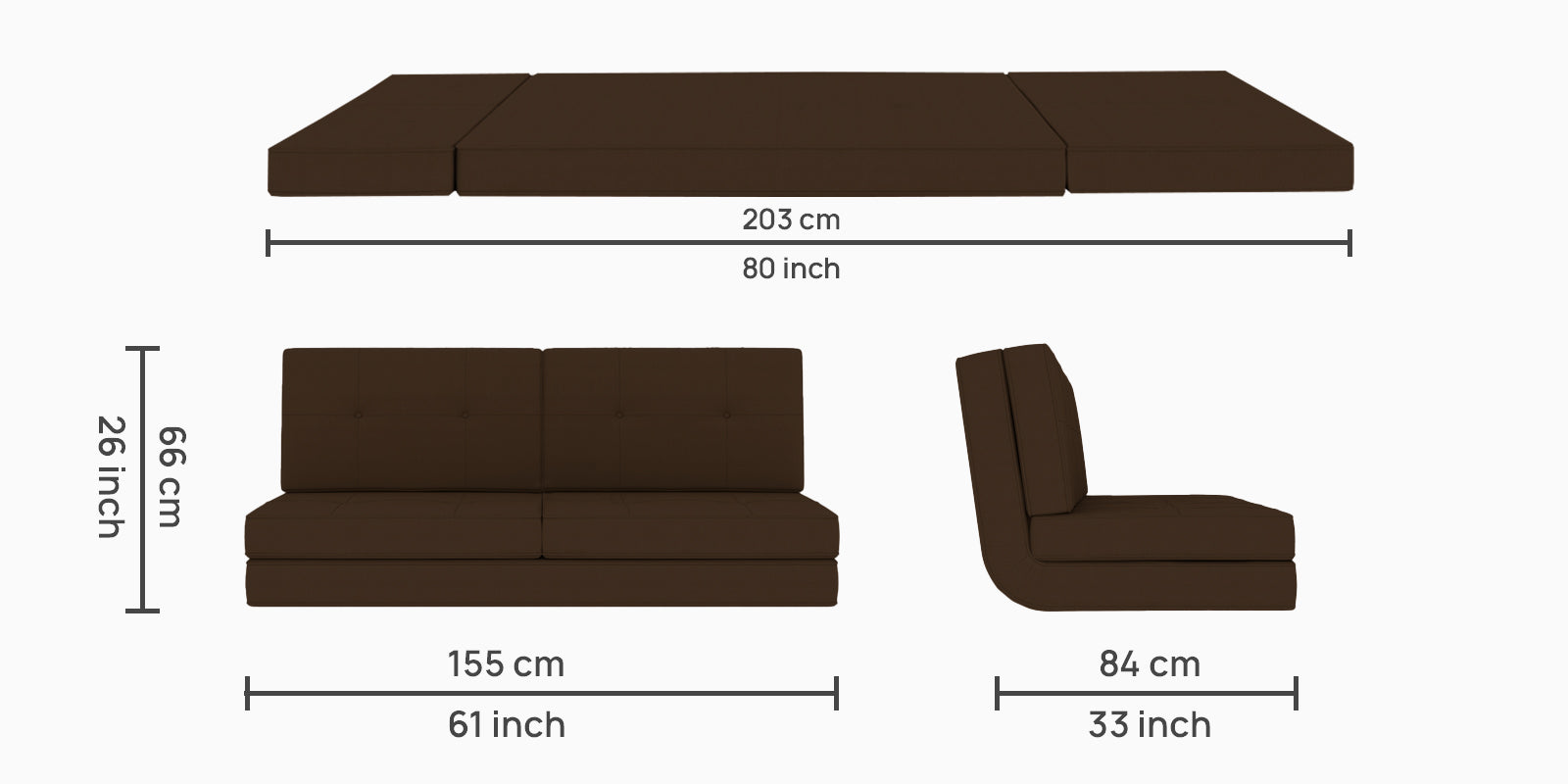 Cora Fabric 2 Seater Futon Sofa Cum Bed in Chocolate Brown Colour