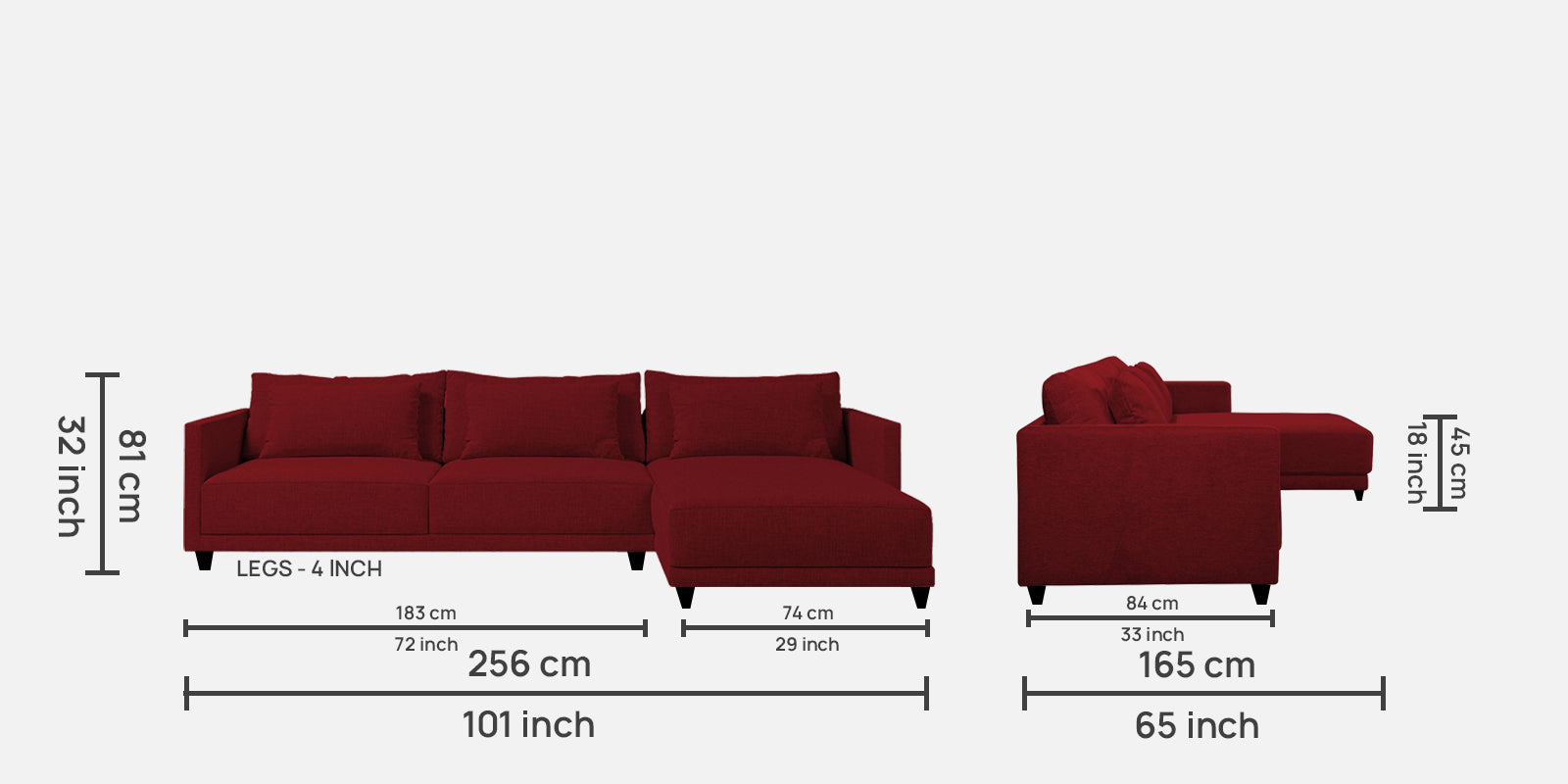 Kera Fabric LHS Sectional Sofa (3+Lounger) In Blood Maroon Colour