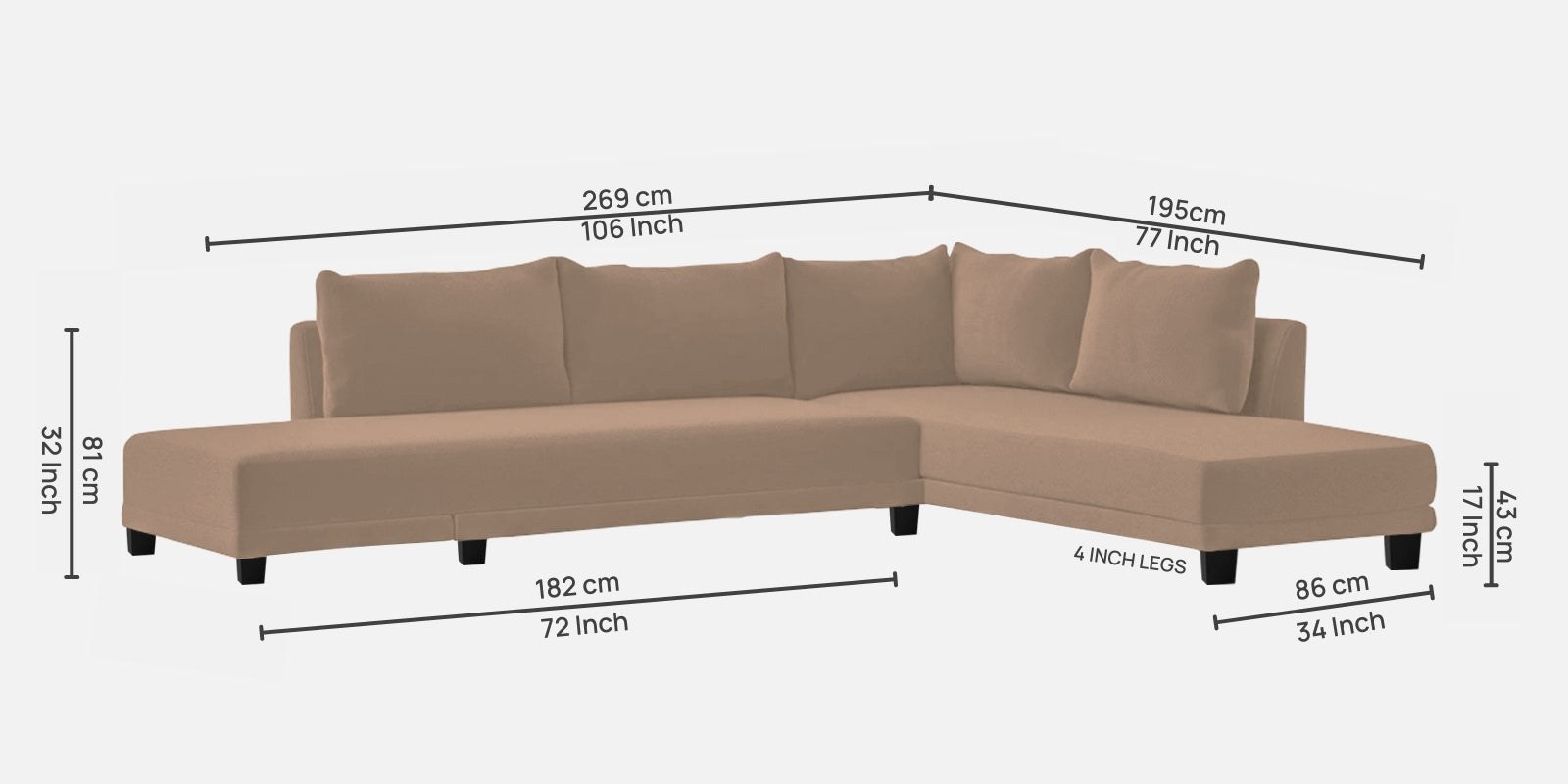 Ira Fabric LHS 6 Seater Sofa Cum Bed In Cookie Beige Colour