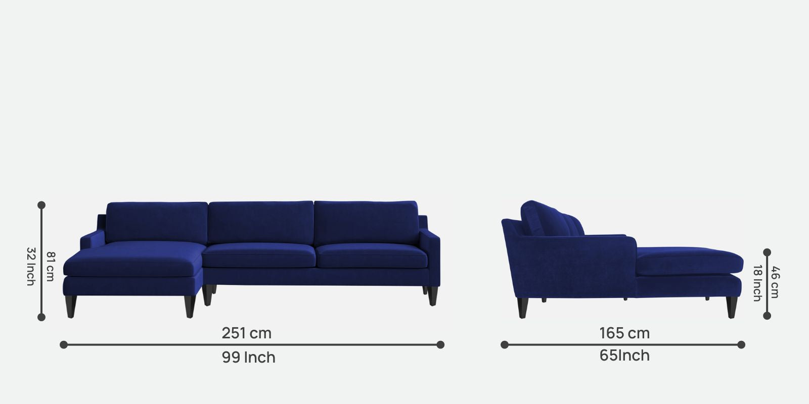 Jones Velvet RHS Sectional Sofa (3+Lounger) In Royal Blue Colour