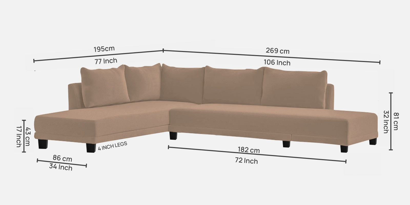 Ira Fabric RHS 6 Seater Sofa Cum Bed In Cookie Beige Colour