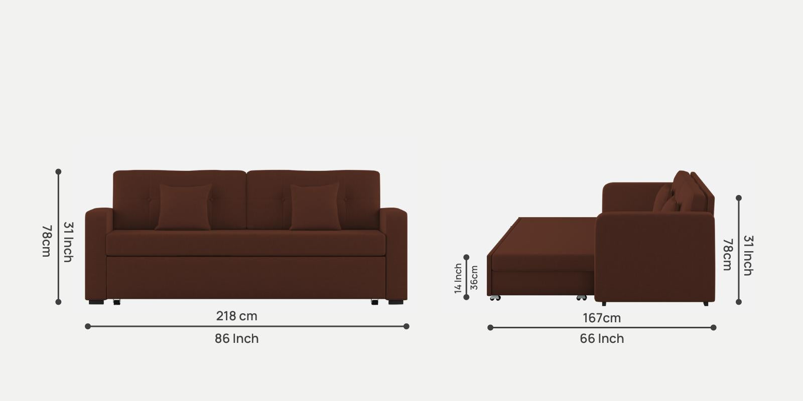 Rocky Fabric 3 Seater Pull Out Sofa Cum Bed In Coffee Brown Colour With Storage