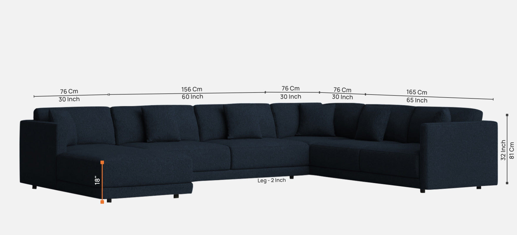 Carlin Fabric RHS 8 Seater Sectional Sofa In Denim Blue Colour