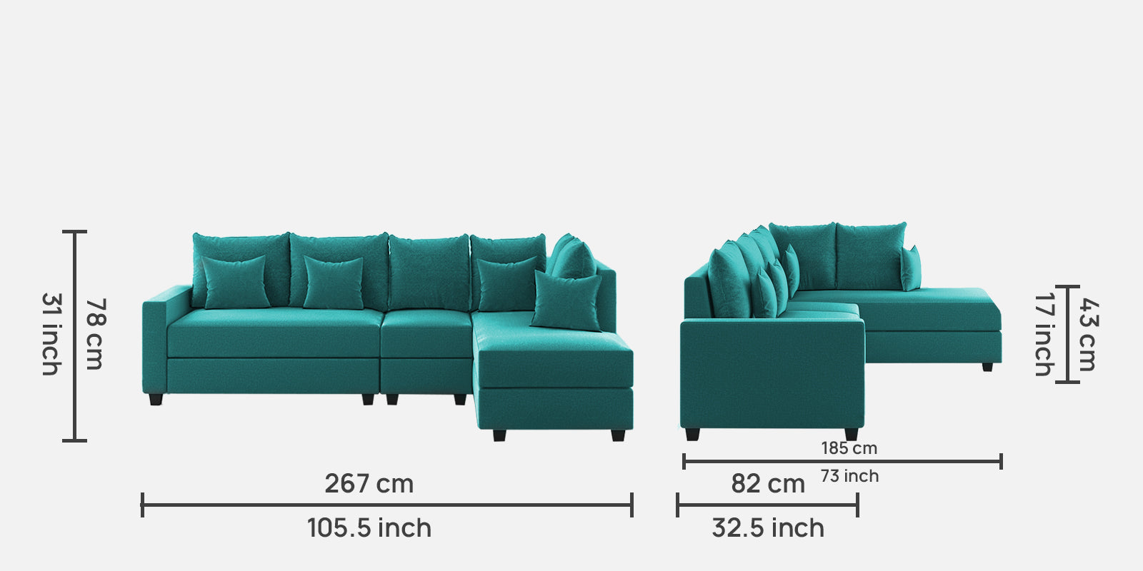 Ginny Fabric LHS Sectional Sofa (3+Lounger) Sea Green Colour