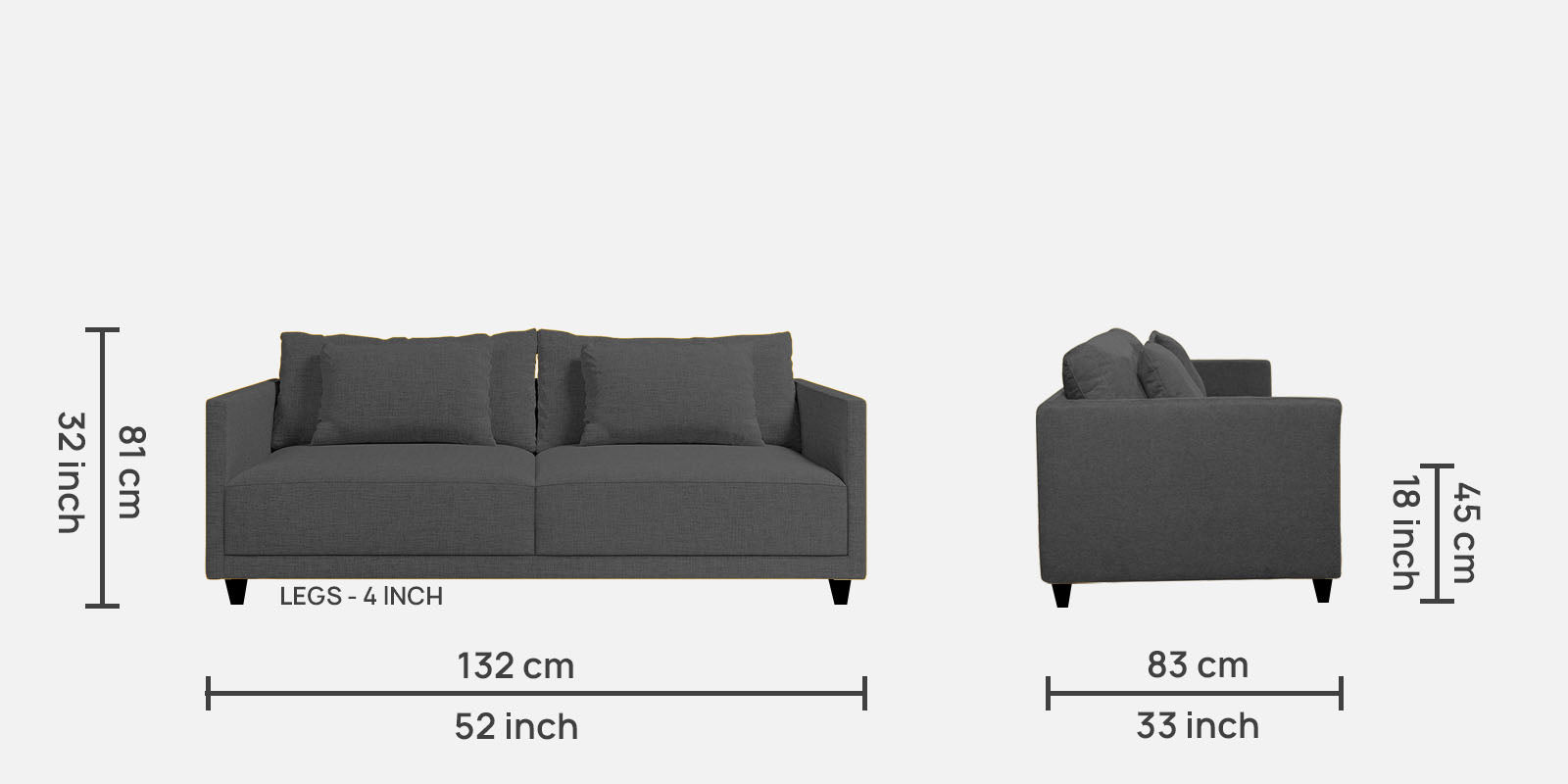 Kera Fabric 2 Seater Sofa in Charcoal Grey Colour