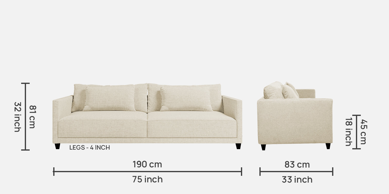 Kera Fabric 3 Seater Sofa in Ivory Cream Colour