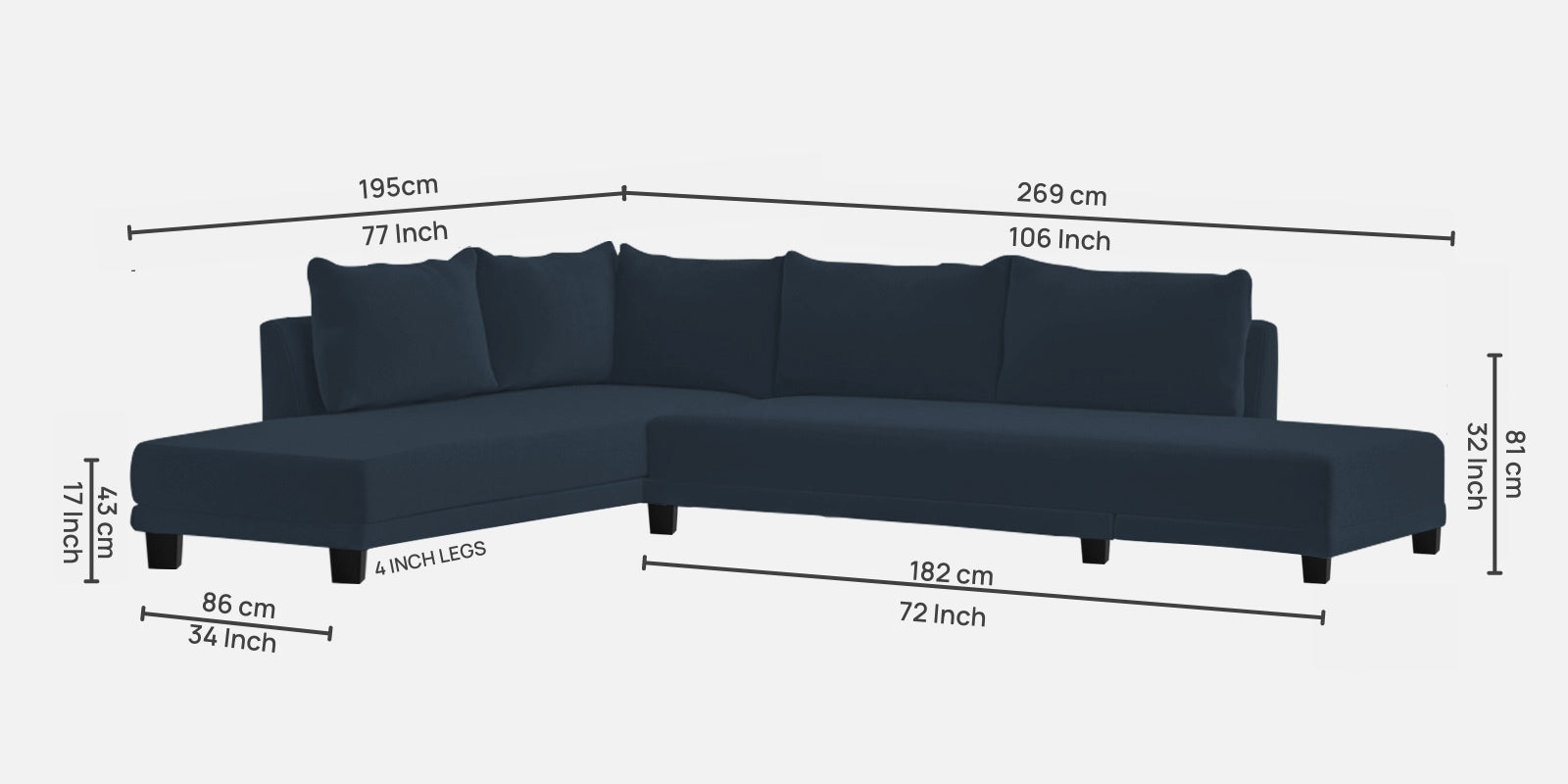 Ira Fabric RHS 6 Seater Sofa Cum Bed In Denim Blue Colour