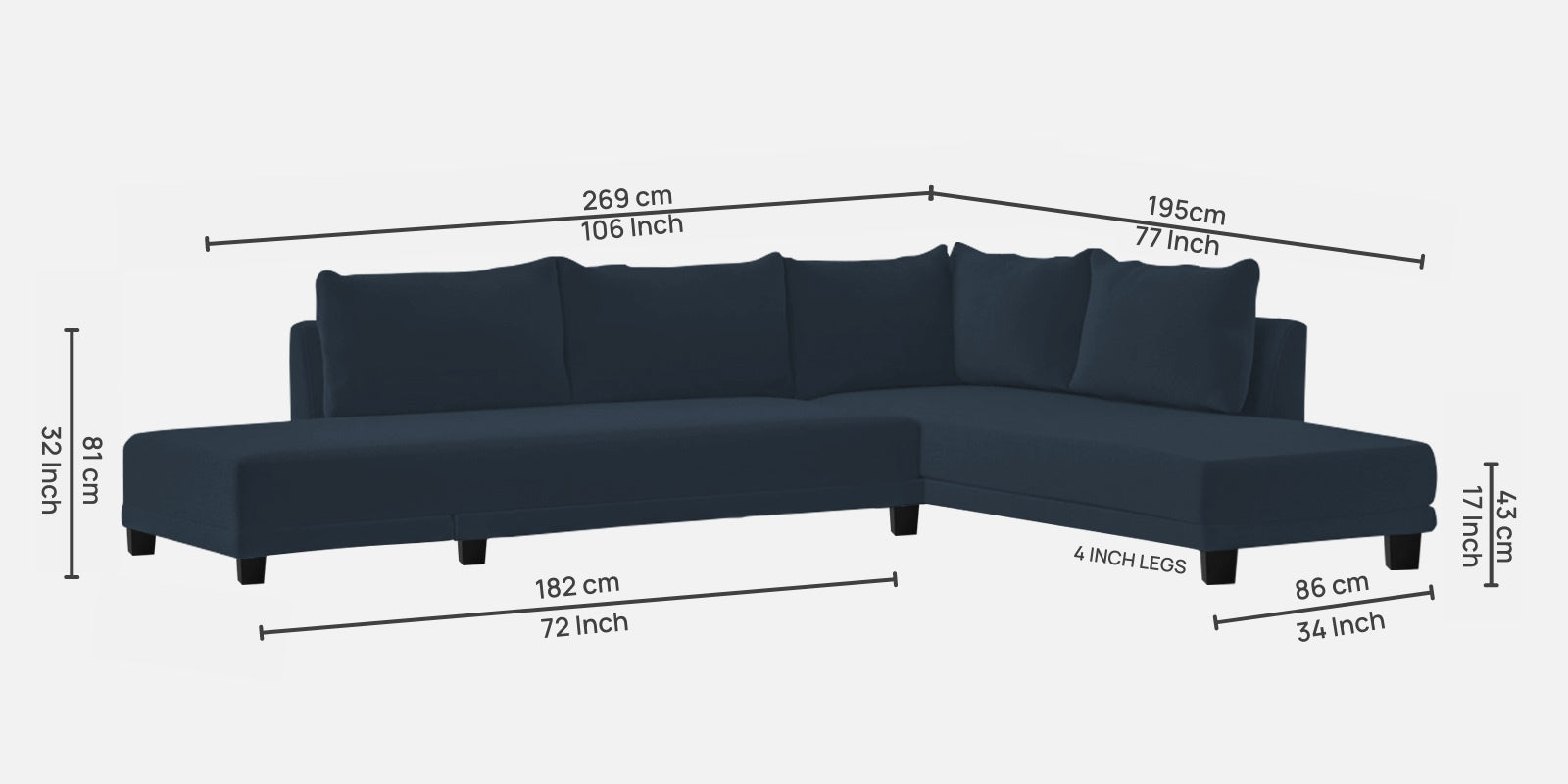 Ira Fabric LHS 6 Seater Sofa Cum Bed In Denim Blue Colour